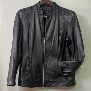 Maxima Black Leather Jacket with Stand Collar and Streamlined Design